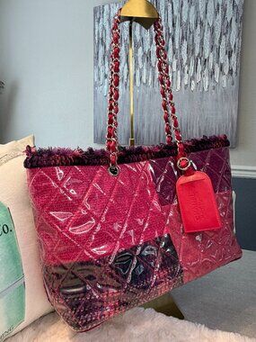 Authentic Chanel Funny Tweed Patchwork Tote Pink Purple Leather Chain Bag